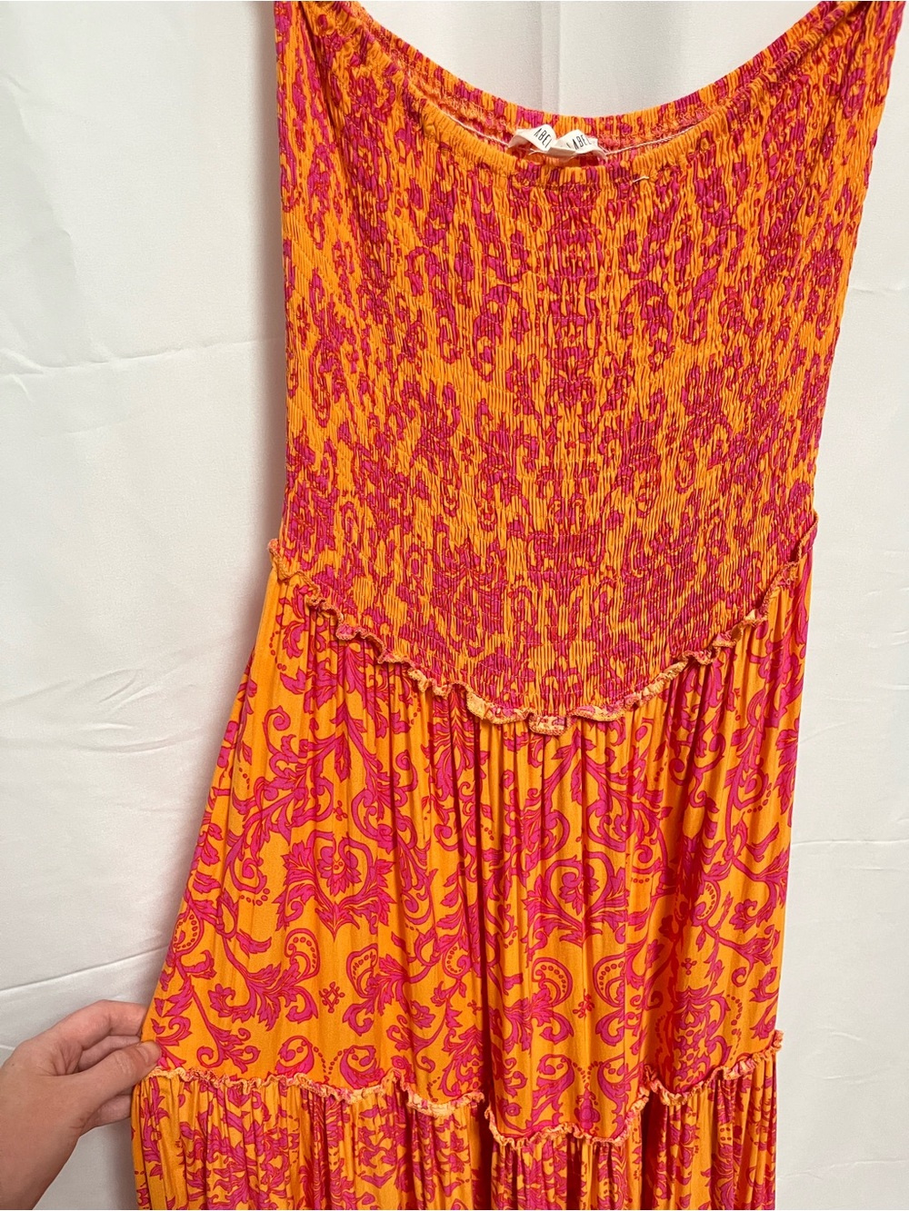 Abel the Label Vibrant Orange & Pink Strapless Smocked Tiered Maxi Dress Sz M - Picture 3 of 6